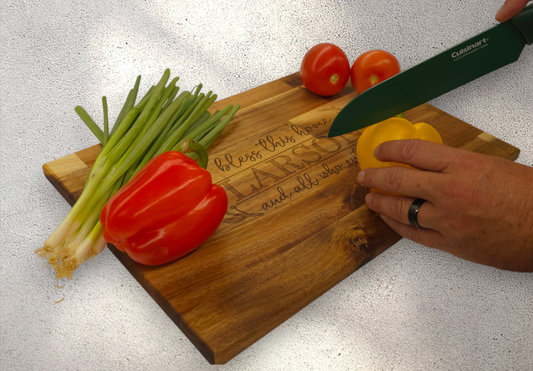 Personalized Wood Cutting Board, Laser Cut Wood Display Stand Included.